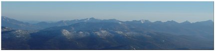 Looking south at Round Mtn, Noonmark Mtn, Porter Mtn, Cascade Mtn, Macomb Mtn, Nippletop Mtn, Pitchoff Mtn, Lower Wolfjaw Mtn, Upper Wolfjaw Mtn, Armstrong Mtn, Gothics Mtn, Saddleback Mtn, Basin Mtn, Mt. Haystack, Mt. Marcy, Big Slide Mtn, Tabletop Mtn, East Dix Mtn, Mt. Dix
